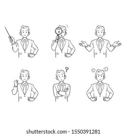 Upper body 6-piece set 2 line drawing of young businessman with short hair