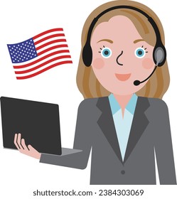 Upper body of an American woman holding a laptop and wearing a headset and suit