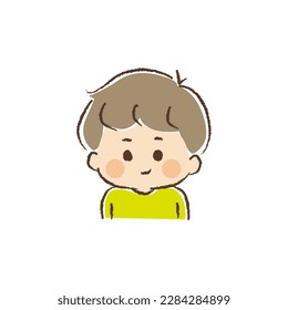 Upper body of a boy laughing at the edge of his mouth.