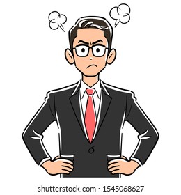 Upper body of a businessman wearing glasses getting angry with his hands on hips