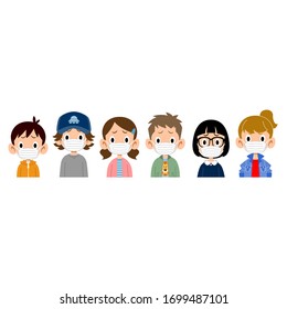 Upper body of children with troubled faces wearing masks