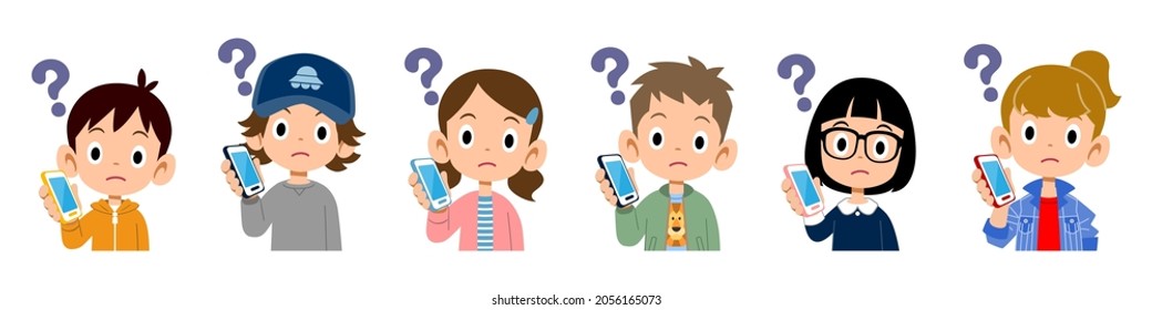 Upper body of children who have doubts while talking on a mobile phone