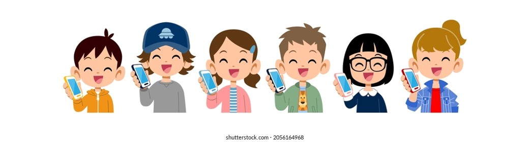 The upper body of children who smile while calling on their mobile phones