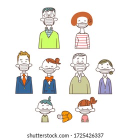 Upper body of each generation, wearing a mask and smiling, family