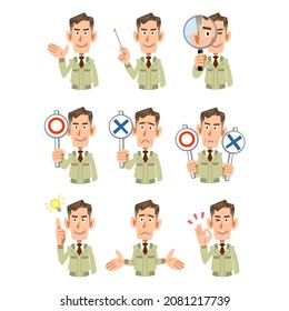 Upper body of an elderly man wearing work clothes 9 types of facial expressions and gestures set 2