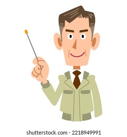 Upper body of an elderly man wearing work clothes with a pointing stick