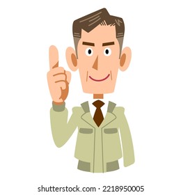 The upper body of an elderly man wearing work clothes who raises his index finger and explains