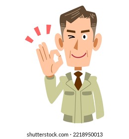 Upper body of an elderly man wearing work clothes giving an OK sign