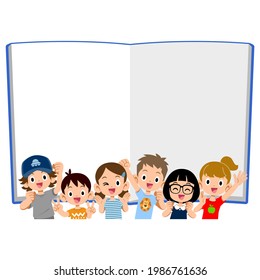 The upper body of energetic children dressed in short sleeves and a notebook