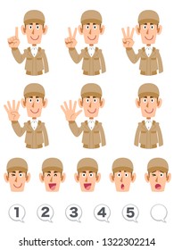 The upper body expression and number of men wearing a beige work cloth that counts numbers with fingers