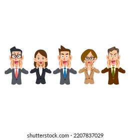 Upper body of five business people calling out loud