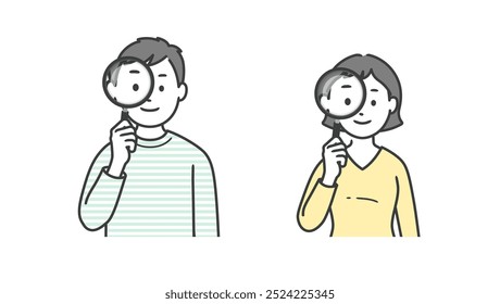 Upper body illustration of an adult man and woman holding a magnifying glass