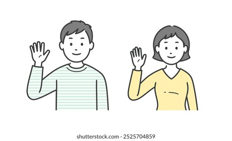 Ilustración superior del cuerpo de un hombre y una mujer adultos que levantan una mano en saludo