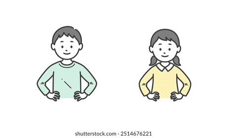 Upper body illustration of a boy and girl showing confidence with their hands on their hips