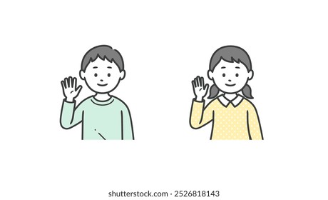 Upper body illustration of a boy and girl raising one hand in greeting