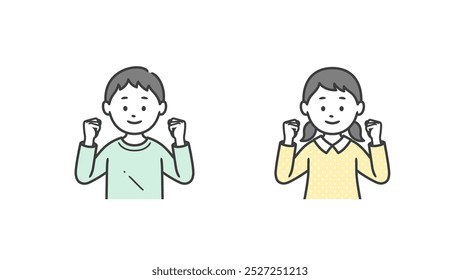 Upper body illustration of a boy and girl posing with both hands