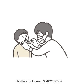 Upper body illustration of a boy receiving a dental checkup
