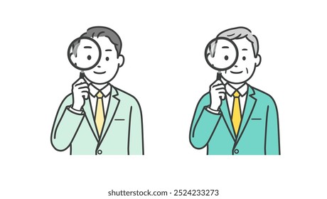 Upper body illustration of a businessman holding a magnifying glass
