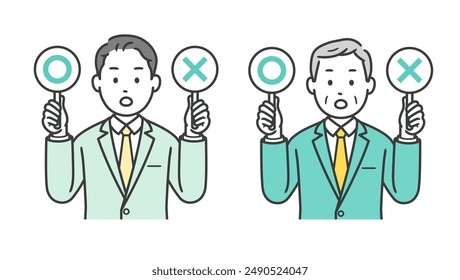 Upper body illustration of a businessman raising a circle and a cross