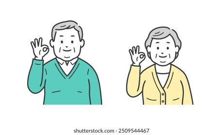 Upper body illustration of a chubby elderly man and woman making an OK pose