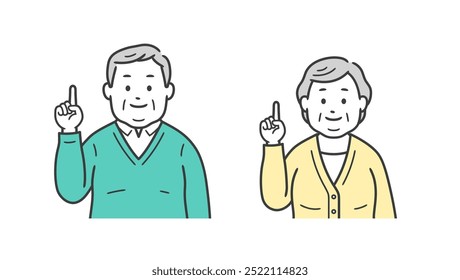 Upper body illustration of a chubby elderly man and woman pointing