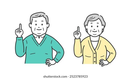 Ilustración superior del cuerpo de un hombre anciano gordo y mujer que señala