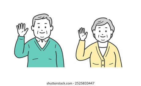 Ilustración superior del cuerpo de un hombre y una mujer mayores gordos que levantan una mano para saludar