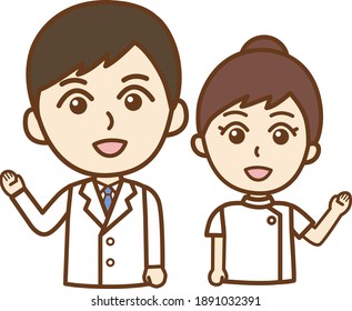 Oberkörpergrafik eines Arztmanns und einer Krankenschwester, die eine Hand aufzieht, um eine Anleitung zu geben