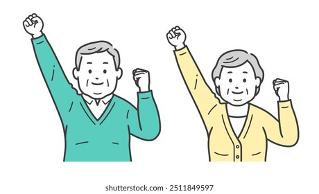 Upper body illustration of an elderly chubby man and woman doing a fist pump