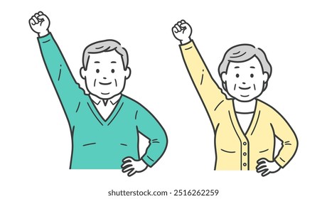 Upper body illustration of an elderly chubby man and woman doing a fist pump