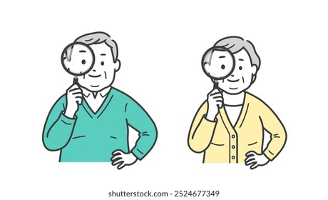 Upper body illustration of an elderly chubby man and woman holding a magnifying glass