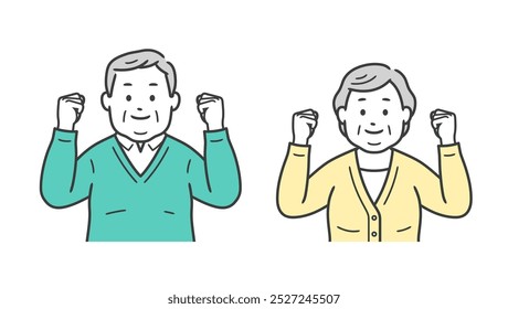 Upper body illustration of an elderly chubby man and woman making a fist pump with both hands