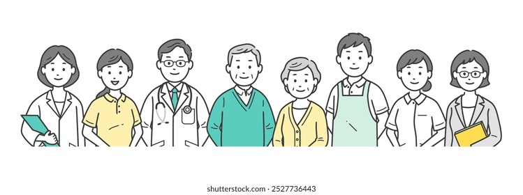 Ilustração do corpo superior de um casal de idosos, médico, enfermeiro, cuidador e nutricionista gerente de cuidados