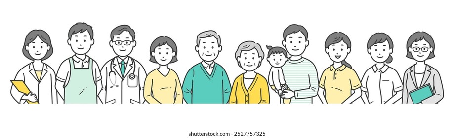 An upper body illustration of an elderly couple, family, doctor, nurse, caregiver, care manager, and nutritionist