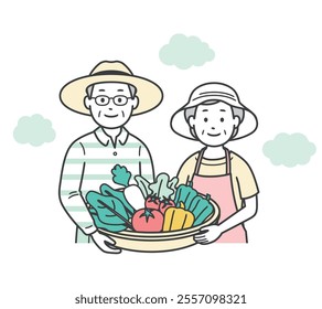 Upper body illustration of an elderly couple holding vegetables harvested in their home garden