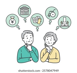 An upper body illustration of an elderly couple worried about money, housing, nursing care, graves, and wills