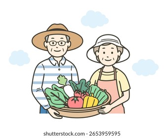 Upper body illustration of an elderly couple holding vegetables harvested in their home garden