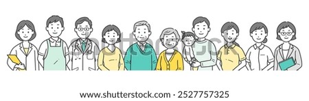 An upper body illustration of an elderly couple, family, doctor, nurse, caregiver, care manager, and nutritionist