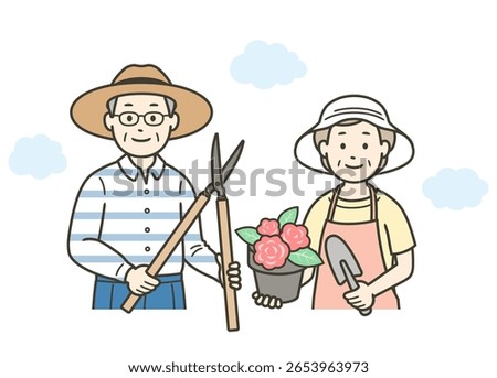 Upper body illustration of an elderly couple enjoying gardening