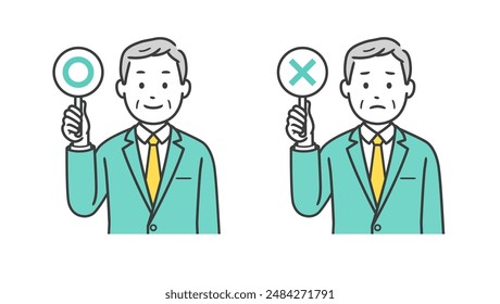 Upper body illustration of an elderly male businessman holding a circle or cross sign