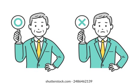 Upper body illustration of an elderly male businessman holding a round or crossed bill and putting his hand on his hip