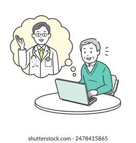 An upper body illustration of an elderly man and a doctor receiving online medical treatment on a laptop