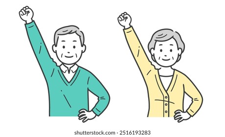 Upper body illustration of an elderly man and woman making a fist pump with one hand