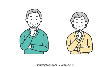 Upper body illustration of an elderly man and woman worried with their hands on their face