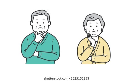 Upper body illustration of an elderly man and woman worried with their hands on their face