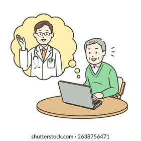 An upper body illustration of an elderly man and a doctor receiving online medical treatment on a laptop