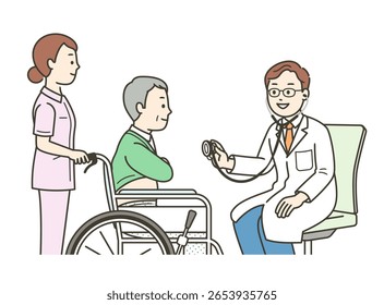 An upper body illustration of an elderly man sitting in a wheelchair receiving a medical examination at a hospital and a doctor using a stethoscope