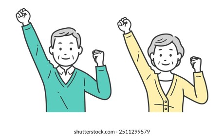 Upper body illustration of elderly men and women doing fist pumps