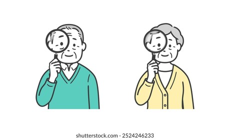 Upper body illustration of elderly men and women holding magnifying glasses