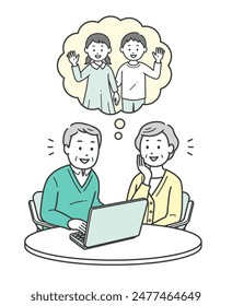 Upper body illustration of an elderly woman and an elderly man making a remote call with their grandchild on a laptop